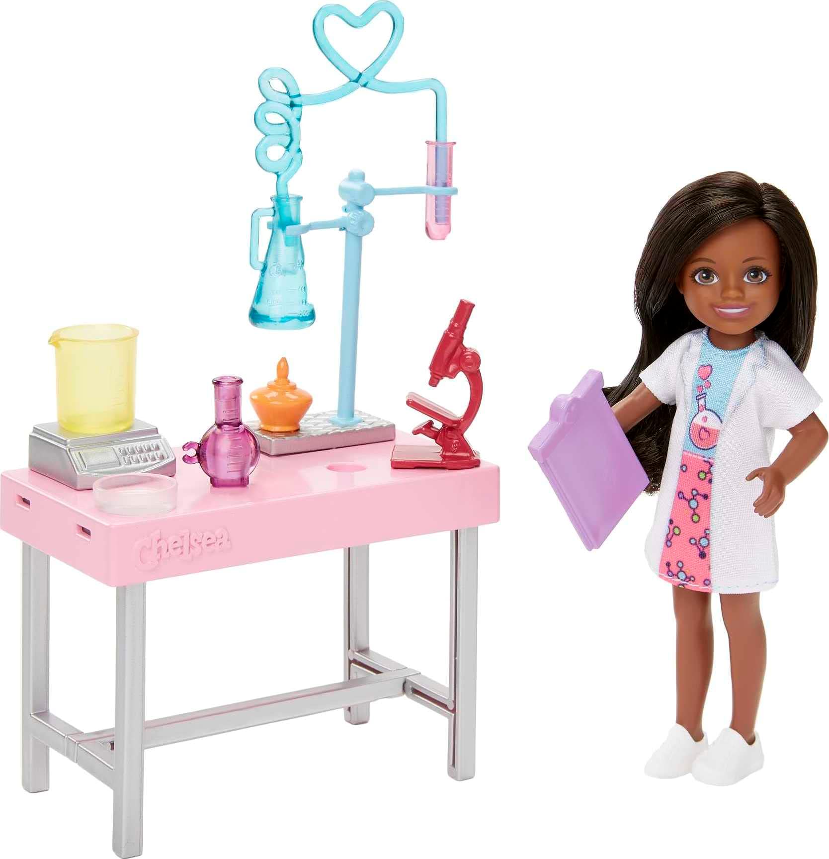 Barbie Chelsea Can Be Doll & Playset, Brunette Scientist Small Doll with Toy Chemistry Lab Table & Stem-Themed Accessories