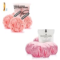 Shower Loofahs and Shower Caps 4 Pack Pink, Bath Sponge Shower Puffs Mesh Pouf and Double Large Waterproof Bath Caps for Hair