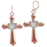14K Rose & White Gold 29mm Messianic Cross Star of David Leverback Earrings