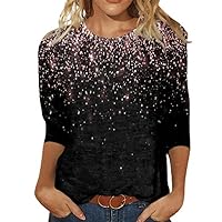 Womens Tops Long 3/4 Sleeve Crewneck Cute Shirt Summer Casual Floral Printed Trendy Three Quarter Length T Shirt Blouse