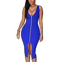 YMING Women's Zip Front Slim Fit Dresses Sleeveless Plain Club Dress Party Midi Bodycon Dress Plus Size