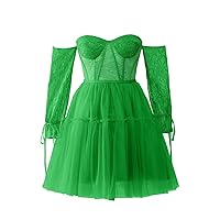 Maxianever Women’s Plus Size Tulle Prom Dresses with Lace Sleeves Short Evening Mini Homecoming Cocktail Gowns Emerald Green US28W