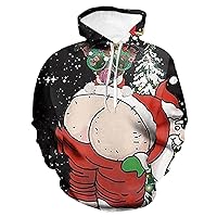 Mens Christmas Hooded Sweatshirt Fleece Sportwear Casual Loose Fit Drawstring Soft Warm Santa Printed