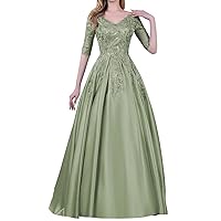 V Neck Mother of Bride Dresses Long Satin Formal Gowns for Women Laces Appliques Evening Dress with Sleeve