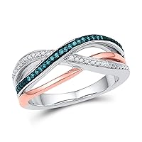 The Diamond Deal 10kt White Gold Womens Round Blue Color Enhanced Diamond Crossover Band Ring 1/10 Cttw