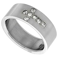 Surgical Stainless Steel 8mm Cubic Zirconia Cross Wedding Band Ring 6-Stones Matte Finish, Sizes 8-14