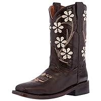 Kids Dark Brown Flower Embroidered Western Cowboy Boots Square Toe