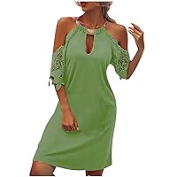 Sun Dresses Women Summer Casual, Sleeveless Metal Halter Keyhole Neck Dress Off-Shoulder Solid Color A-line Dress A1