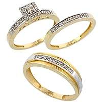 10k Yellow Gold Diamond Trio Wedding Ring Set His 6mm & Hers 2.5mm, sizes 5 - 13