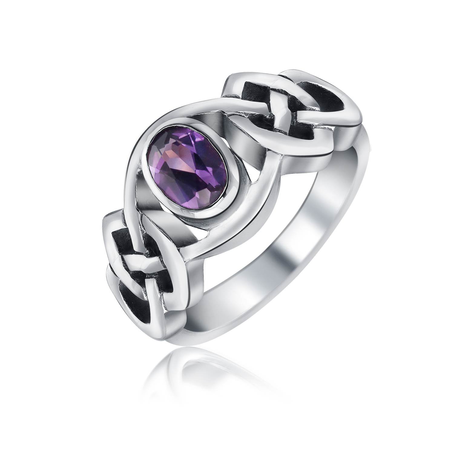 Personalize Simulated Amethyst CZ Purple BFF Sorority Sister Promise Friendship Celtic Trinity Love Knot Triquetra Ring For Women Teen Thin Band .925 Sterling Silver February Birthstone Customizable