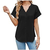 Summer Comfy Button Down Shirts for Womens Fashion Ruffed Short Sleeve V-Neck Blouses Casual Loose Fit Solid Tops
