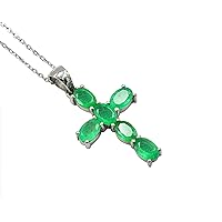 May Birthstone Natural 6X4 MM Oval Zambian Emerald Gemstone Cross Pendant Necklace 925 Sterling Silver Emerald Jewelry Birthday Gift For Wife