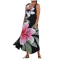 Spring Dresses for Women Casual Comfortable Floral Print Sleeveless Cotton Pocket Dress