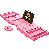 ROYAL CRAFT WOOD Luxury Bathtub Caddy Tray, One or Two Person Bath and Bed Tray, Bonus Free Soap Holder (Pink)