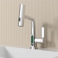 Bathroom Faucets with Fahrenheit Temperature Display,1 Hole Bathroom Faucet with Pull Out Sprayer,Height Adjustable 360°Rotate RV Faucet Kitchen Bar Sink Faucet (Chrome)