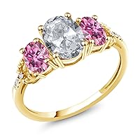 Gem Stone King 10K Yellow Gold 3-Stone Ring Oval White Topaz and Vivid Pink Moissanite (2.46 Cttw) (Size 6.5)