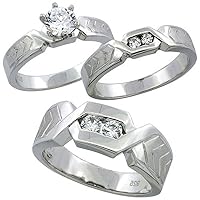 Sterling Silver Cubic Zirconia Trio Engagement Wedding Ring Set for Him and Her 7.5 mm Chevron Pattern Channel Set, L 5-10 & M 8-14