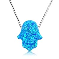 Hamsa Hand Pendant Necklace Sterling Silver Created Fire Opal Adjustable Cable Box Chain in 16