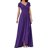 Formal Mother of The Bride Dresses Classy Modest A-Line Short Sleeves Chiffon Mother of The Groom Dresses for Beach Wedding Plus Size Elegant Evening Gowns for Women 2024 Dark Purple
