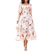 Sissyaki Women's Summer Boho Floral Print Midi Dress Square Neck Tiered Flowy Beach Long Dress