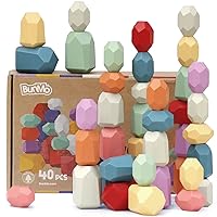 BUNMO 40pcs Stacking Rocks Toddler Toys; Wooden Building Blocks Montessori Toys; Tested for 1 - 2 + Year Old; Recommended Play for Ages 3 4 5 6 Year Old Boy or Girl Birthday Gifts