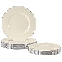 SILVER SPOONS Elegant Plastic Plates for Party with Scalloped Rim (10 PC), Disposable Heavy-Duty Salad Plates for Wedding Reception - 8.25”, Fancy Plastic Dinnerware Sets with Silver Edge - Ivory