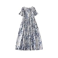 Women's 2023 Summer Casual Loose Cotton Linen Boho Dress Floral Print Short Sleeve High Waist Swing Midi Beach Dresses