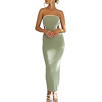 Womens Summer Dresses Acrylic fibers Strapless Low Cut Backless Skinny Maxi Dress Wedding Guest Dress(Green,Medium)