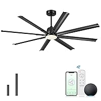 72 Inch Industrial Smart Ceiling Fan with Light and Remote Control,Large Ceiling fan with 8 Aluminium Blades,Matte Black Outdoor Ceiling Fans for Home or Exterior
