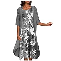Womens Dresses for Wedding Guest Boho Flora Midi Dress with Jacket 3/4 Sleeve Two Piece Dress with Chiffon Cardigan