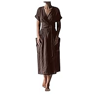 Women's Short Sleeve V Neck Shirt Dress Vintage Cotton Linen Belted Casual Beach Maxi Dresses with Pockets