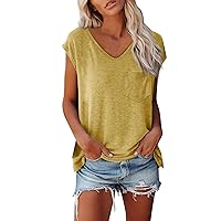 Lightning Deals V Neck T Shirts for Women Womens Spring Tops Summer Trendy 2024 Cap Sleeve Office Clothes Orange Plus Size Summer Tops for Women 2024, Cap Sleeve Sexy V Neck Tank Print (YE，M)