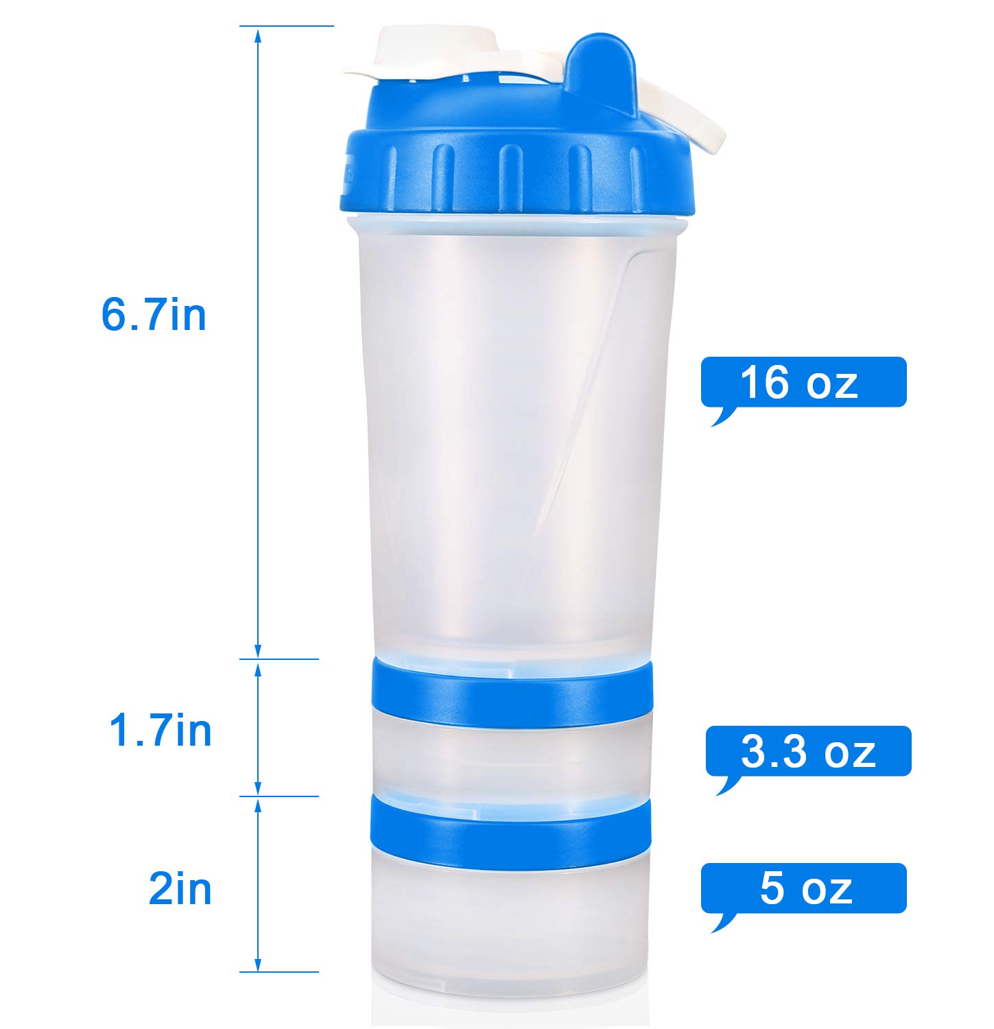 Hydro2Go 16 OZ Protein Workout Shaker Bottle with Mixer Ball and 2 close-connected Storage Jars for Pills, Snacks, Coffee, Tea. 100% BPA-Free, Non Toxic and Leak Proof Sports Bottle