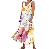 Linen Dress for Women Summer Flowy Sleeveless Long Dress Printed Tank Dress Casual Maxi Dresses with Pockets