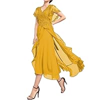 Mother of The Bride Dresses Ruffle Sleeves Chiffon Long Dresses Laces Appliques V Neck Formal Evening Party Gown