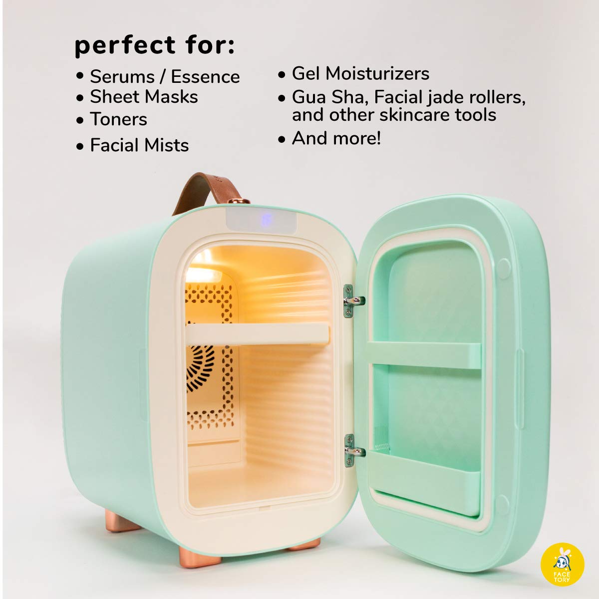 FACETORY Mint Skincare Fridge- Ice Cream Series- 5 Liters with LED Light, Temperature Display, Silent Mode for Dorm Room, Bedroom, Office