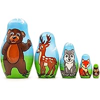 Forest Animals Set 5 Piece Small Wood Nesting Dolls for Kids - Woodland Creatures Figurine Set Wooden Matryoshka Stacking Toys - Munecas Rusas Madera Animales Juguetes