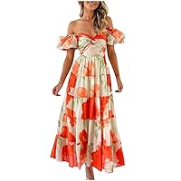 Hawaiian Style Tiered A-Line Dress Women's Off Shoulder Puff Sleeve Summer Beach Dress Knot Front Hollow Maxi Dress