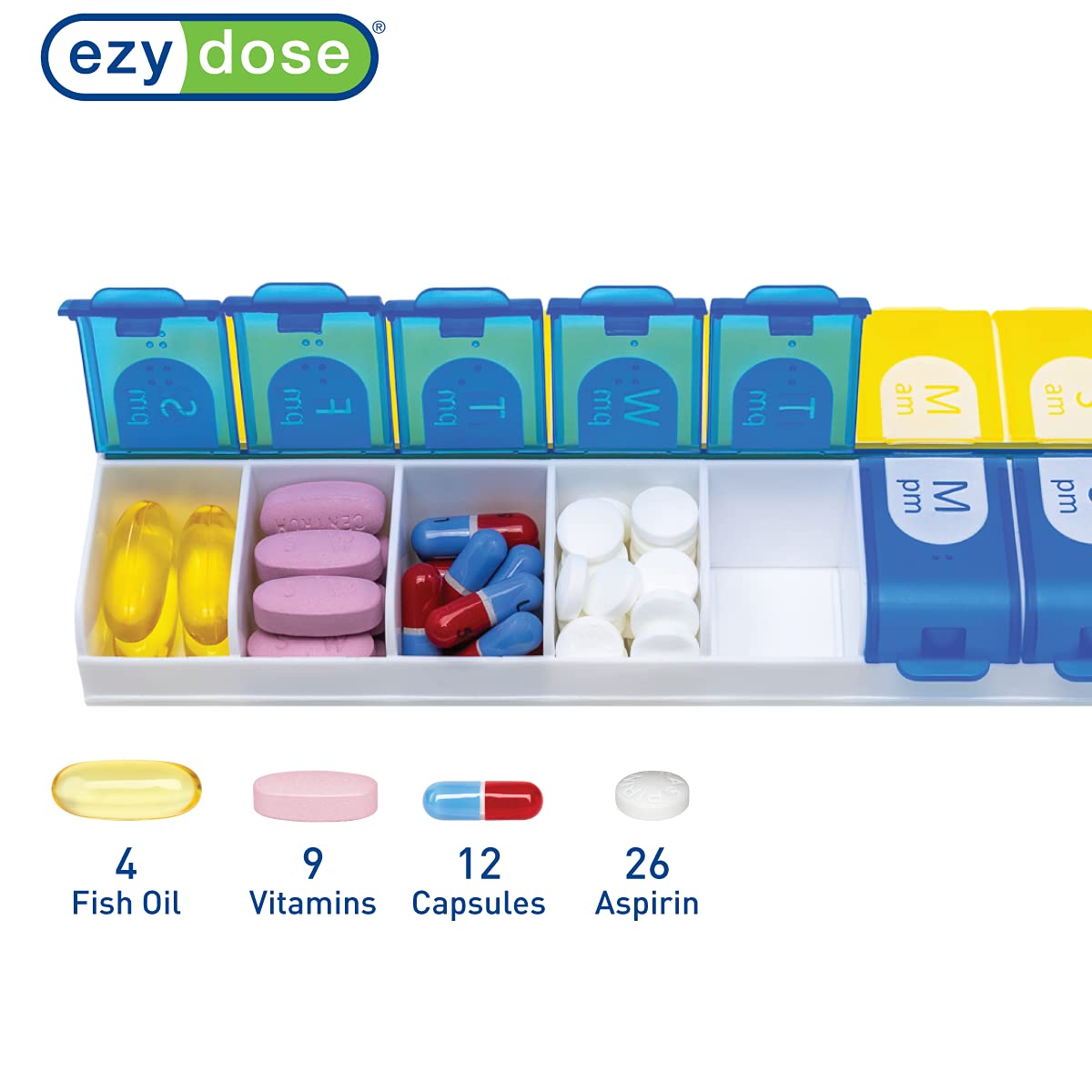 EZY DOSE Weekly (7-Day) Pill Organizer, Vitamin Case, and Medicine Box, 2 Times a Day, AM PM, Large Compartments, Easy Fill All Compartments at Once, Color May Vary