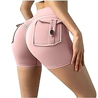Women Athletic Shorts Tummy Control Workout Stretchy Leggings High Waist Buttock Lift Trousers Button Pocket Pants