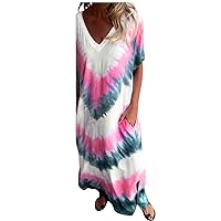 XJYIOEWT Midi Dress,Women's Casual Loose Short Sleeved V Neck Slit Tie Dye Long Dress 100 Cotton Dress