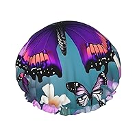 Purple Butterfly And Flowers Full-Print Fashionable Shower Cap, Water-Resistant Polyester Fabric For Hair Protection