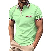 Slim Muscle Fit Polos Shirts for Men Summer Casual Short Sleeve Button Up Plaid Splice Collared T Shirts Tennis Shirt