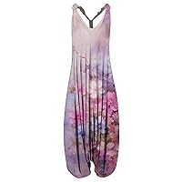 Women's Oversized Jumpsuits Size Casual Floral Printed Overalls Loose V Neck Sleeveless Rompers Jumpsuit, S-5XL