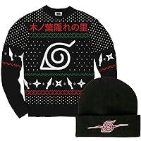 Naruto Shippuden Anime Fan Bundle: Adult Large Men's Hidden Leaf Pattern Christmas Sweater and Adult ONE Size Anti Leaf Village Icon Winter Hat