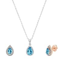 Dazzlingrock Collection Pear Blue Topaz & White Diamond Teardrop Halo Style Pendant & Stud Earrings Set for Women in 14K Gold