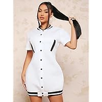 Summer Dresses for Women 2022 Contrast Trim Button Through Dress Dresses for Women (Color : White, Size : X-Small)