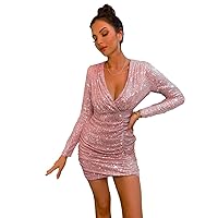 Women's Tight Sequin Evening Dress Short V-Neck Bodycon Mini Cocktail Dress with Long Sleeve
