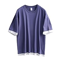 Men's Patchwork Fake Two Piece Short- Sleeves Fashion Solid O Neck Half Sleeve T Shirt Heavyweight Loose Tee Top