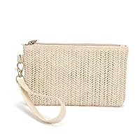 Straw Bag Straw Zipper Wallet Bohemian Summer Beach Wristlet Handbag for Women Girl, Beige